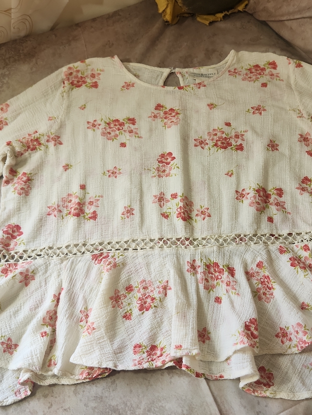 Denim & Supply Ralph Lauren White Peplum Blouse Pink Floral Print Crochet Detail